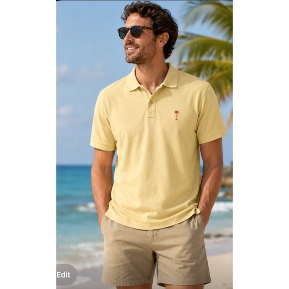 Margaritaville Mens Polo Shirt  Size XL Yellow Palm Tree Logo Golf Short Sleeve